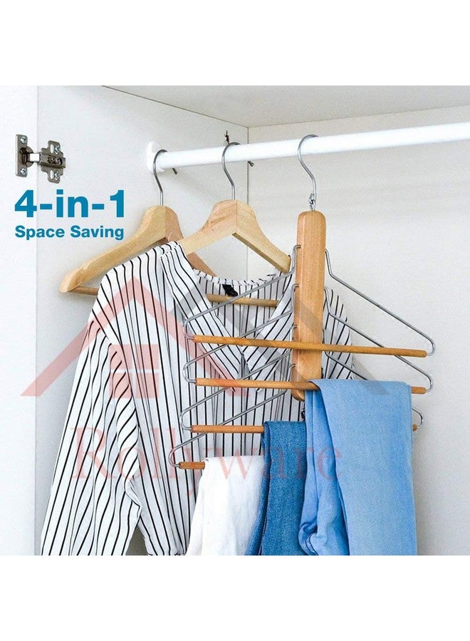 ROLLYWARE® 4 Layer Folding Wooden Pants Hanger Space Saving with 180 Degree Rotation Chrome-Plated Clothes Hook Wooden Hangers-Non Slip Multi-Layer Hangers Space Saving (1, Natural Wood) - Image 4