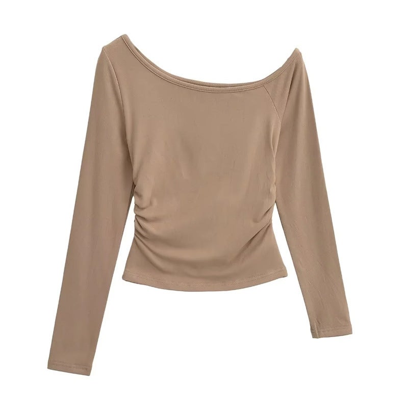 American Style Girl Thin Velvet Design Sense Slim-Fit Long-Sleeved T-Shirt Autumn New Style Side Waist Wrinkle Inner Wearing Outer Wearing Base Shirt - Image 1