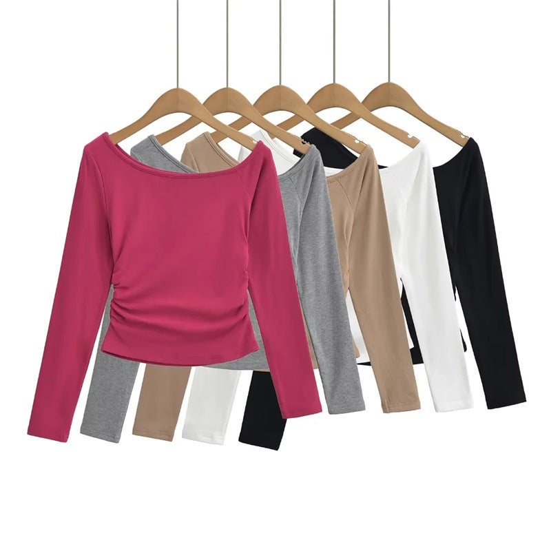 American Style Girl Thin Velvet Design Sense Slim-Fit Long-Sleeved T-Shirt Autumn New Style Side Waist Wrinkle Inner Wearing Outer Wearing Base Shirt - Image 2