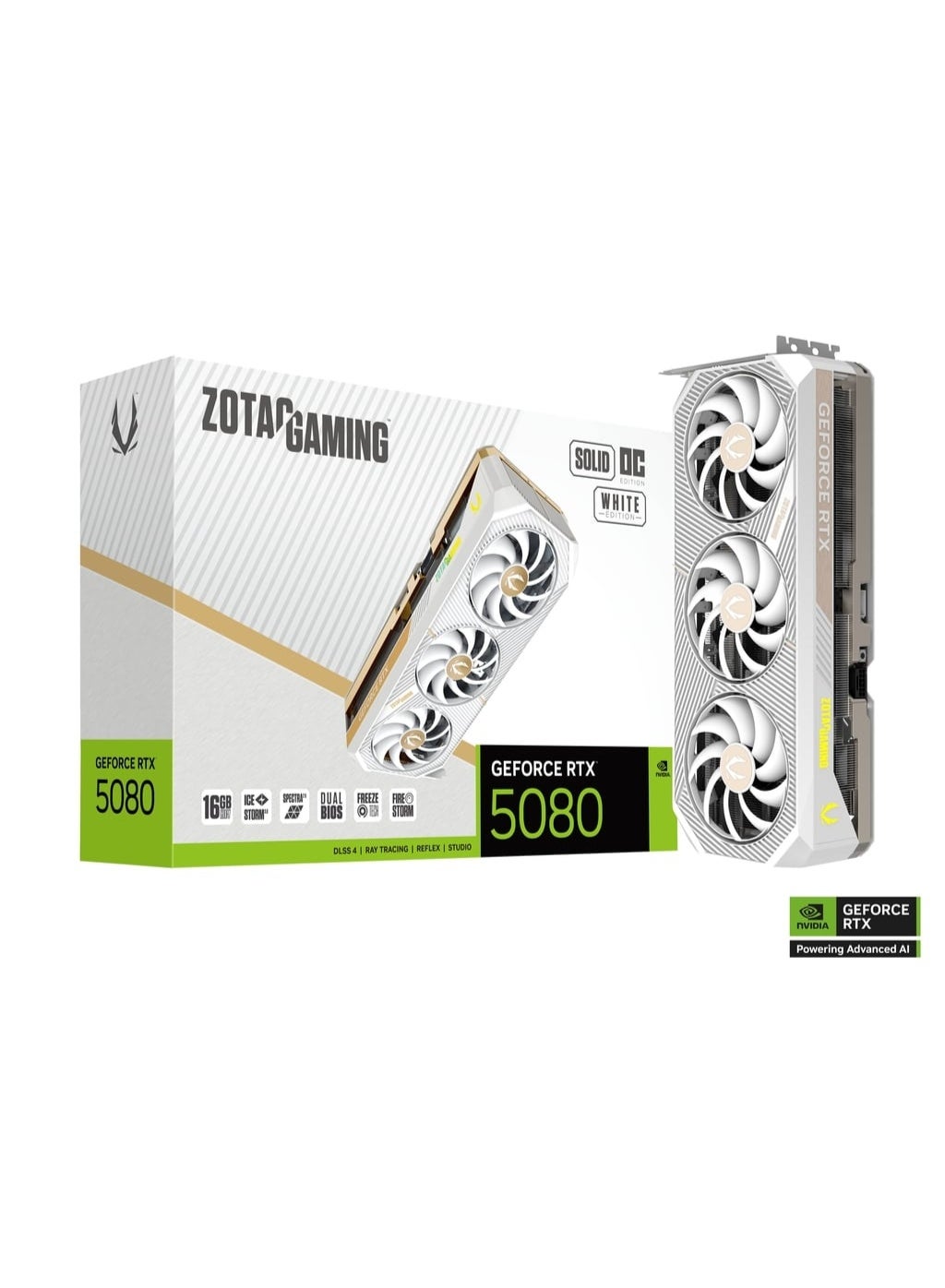 ZOTAC GAMING GeForce RTX 5080 SOLID OC 16GB GDDR7 Graphics Card, 10752 CUDA Cores, PCIe 5.0 x16, 2640MHz Boost Clock, IceStorm 3.0 Cooling, Vapor Chamber, BladeLink Fans, DLSS 4, Ray Tracing, 3.5-Slot, 360W TDP, 3x DisplayPort 2.1b, 1x HDMI 2.1b, SPECTRA 2.0 RGB, Dual BIOS, Metal Backplate, GPU Support Bracket, VR Ready, 4K Gaming, White Aesthetic | ZT-B50800Q-10P