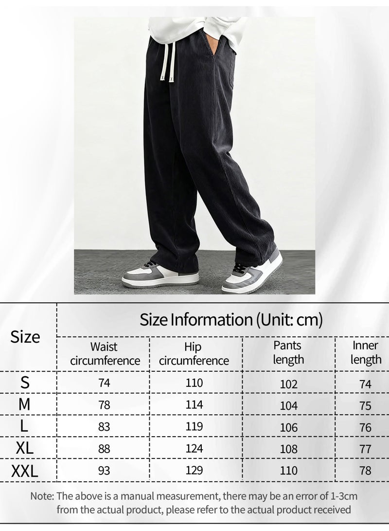 Men's Black Corduroy Wide Leg Pants Ribbed Texture Loose Fit Drawstring Casual Trousers - Image 5