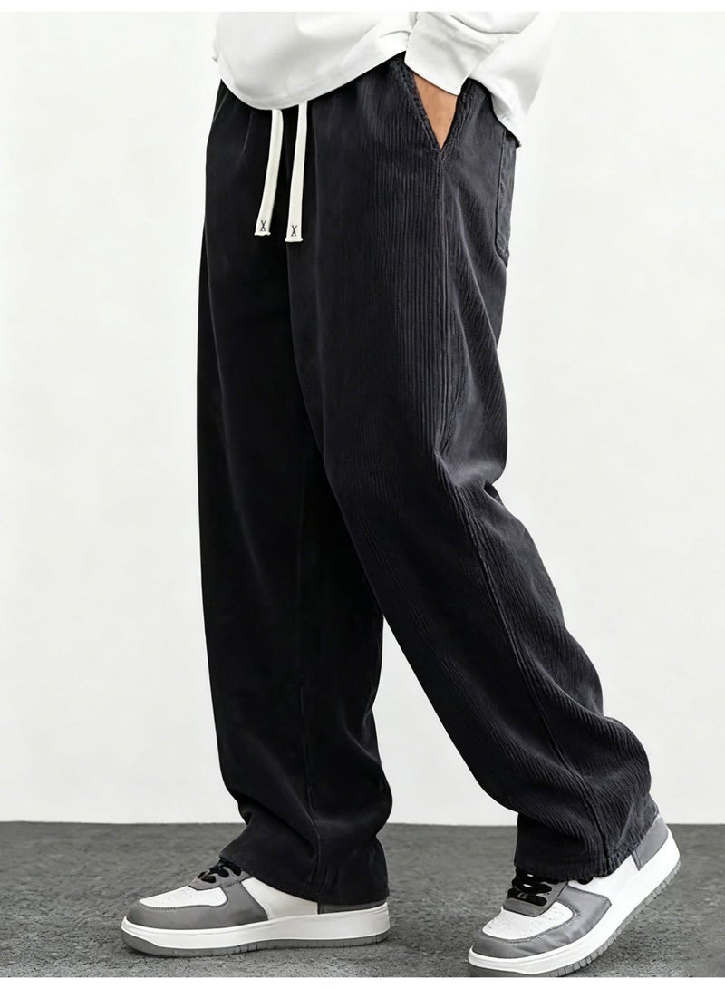 Men's Black Corduroy Wide Leg Pants Ribbed Texture Loose Fit Drawstring Casual Trousers - Image 1