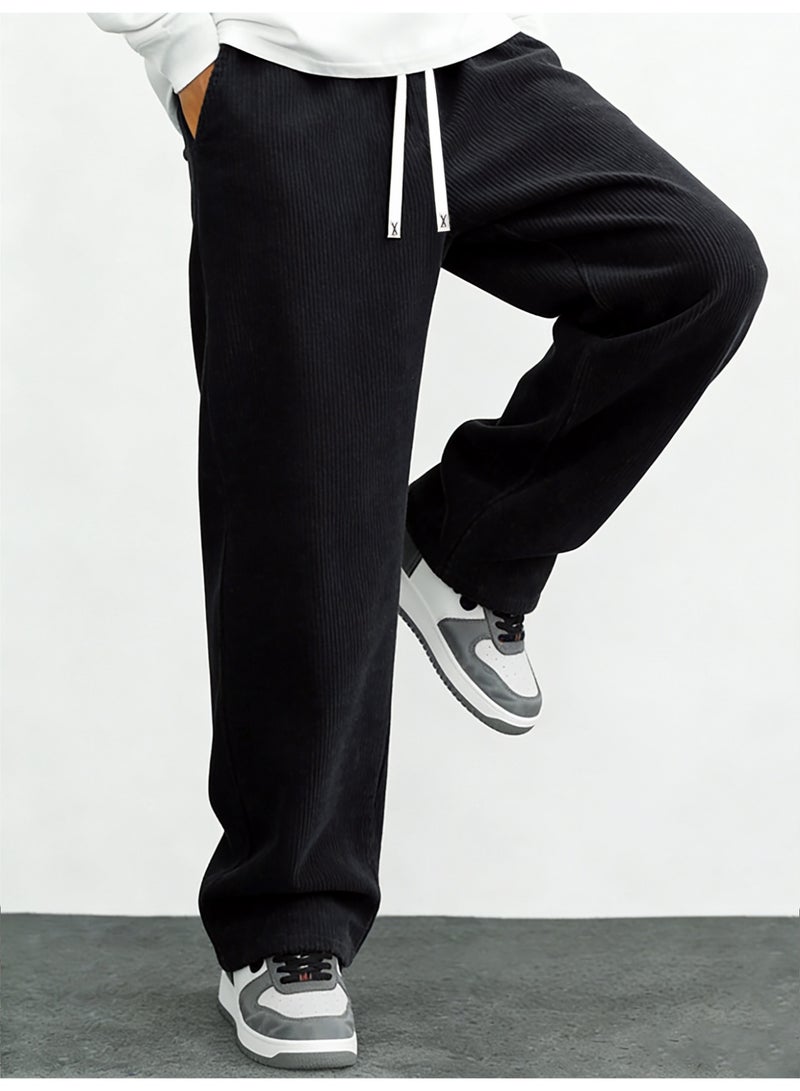 Men's Black Corduroy Wide Leg Pants Ribbed Texture Loose Fit Drawstring Casual Trousers - Image 3