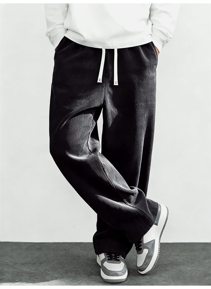 Men's Black Corduroy Wide Leg Pants Ribbed Texture Loose Fit Drawstring Casual Trousers - Image 2