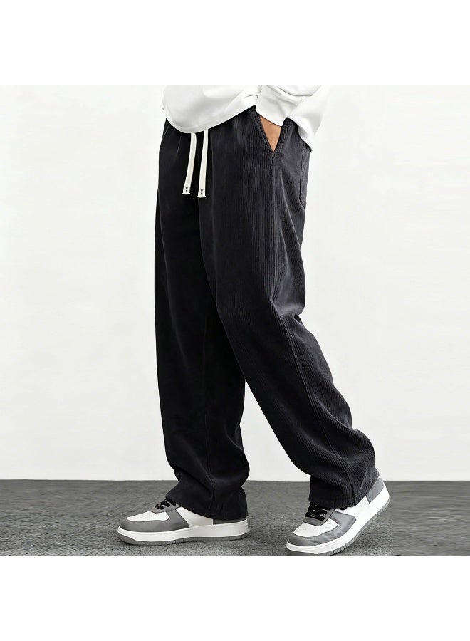 Men's Black Corduroy Wide Leg Pants Ribbed Texture Loose Fit Drawstring Casual Trousers - Image 4