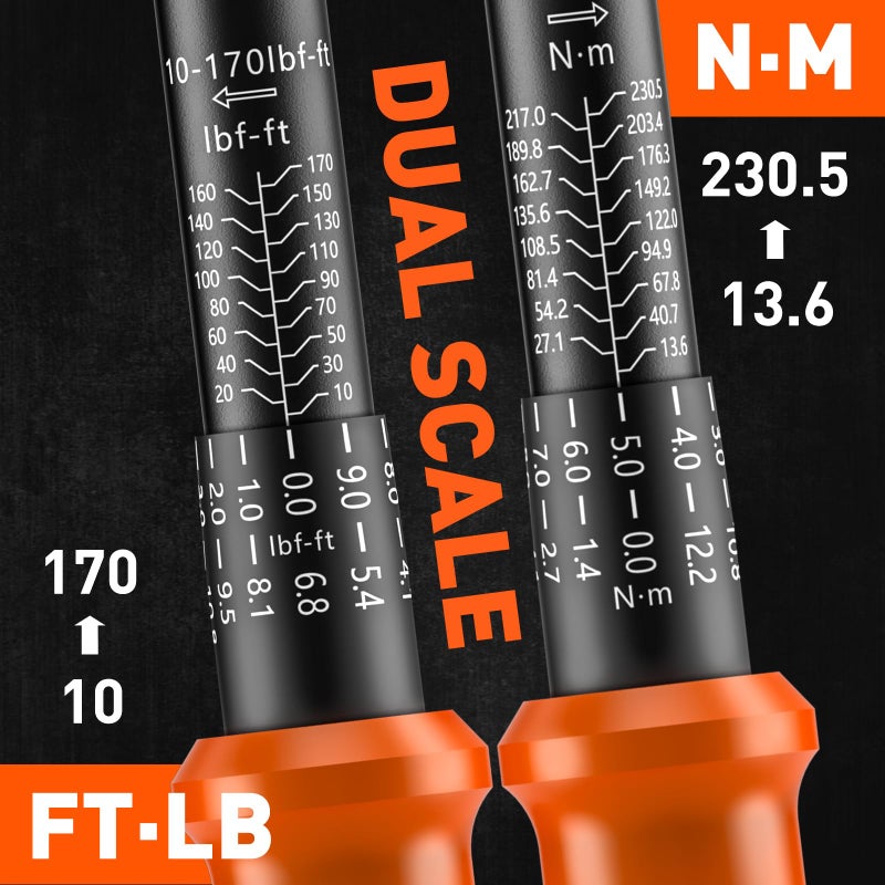 HORUSDY 1/2-Inch Drive Click Torque Wrench Set â€“ 10â€“170 ft-lb / 13.6â€“230.5 Nm, Â±3% Precision, Dual Scale, 72-Tooth Reversible Head with 5" Extension & Adapter for Car, Tire, and Motorcycle Use - Image 4