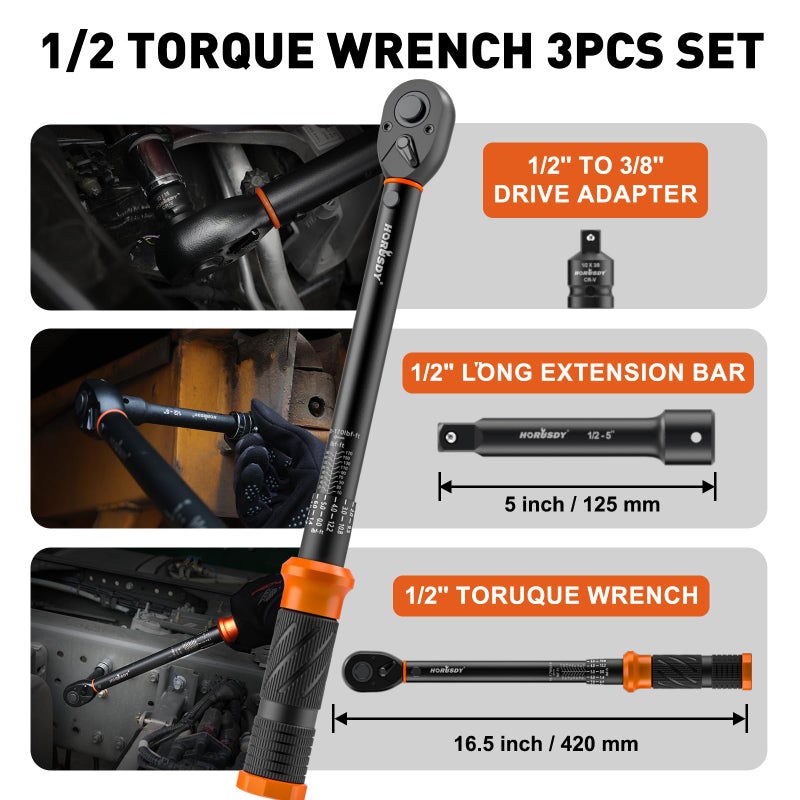 HORUSDY 1/2-Inch Drive Click Torque Wrench Set â€“ 10â€“170 ft-lb / 13.6â€“230.5 Nm, Â±3% Precision, Dual Scale, 72-Tooth Reversible Head with 5" Extension & Adapter for Car, Tire, and Motorcycle Use - Image 3