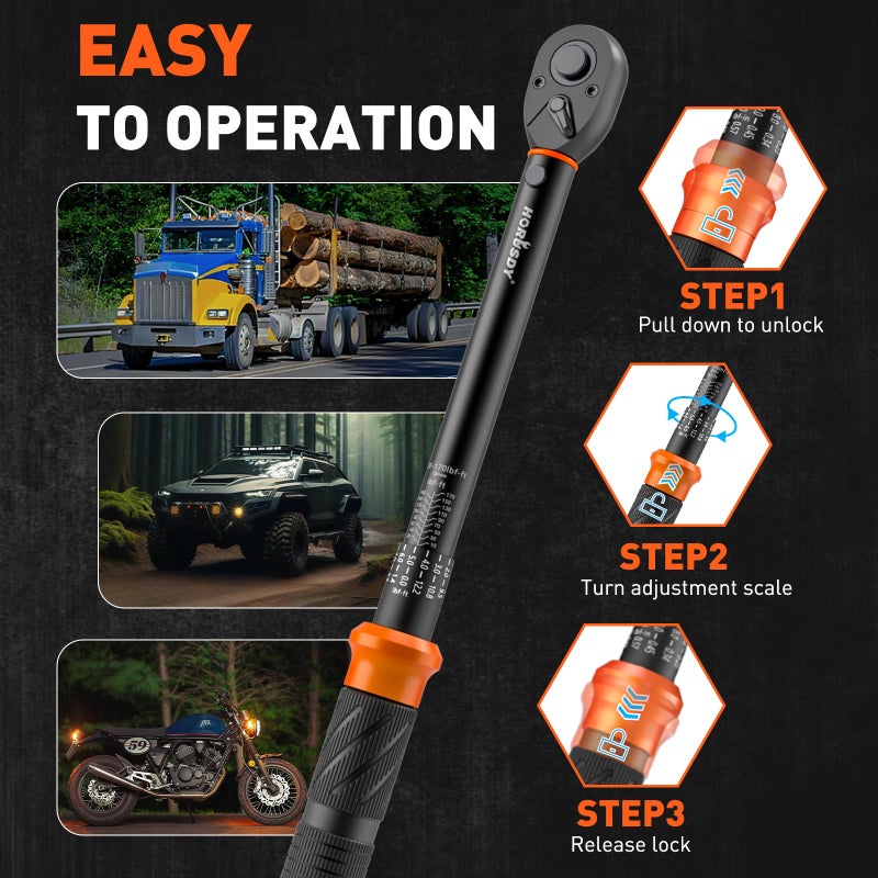 HORUSDY 1/2-Inch Drive Click Torque Wrench Set â€“ 10â€“170 ft-lb / 13.6â€“230.5 Nm, Â±3% Precision, Dual Scale, 72-Tooth Reversible Head with 5" Extension & Adapter for Car, Tire, and Motorcycle Use - Image 5