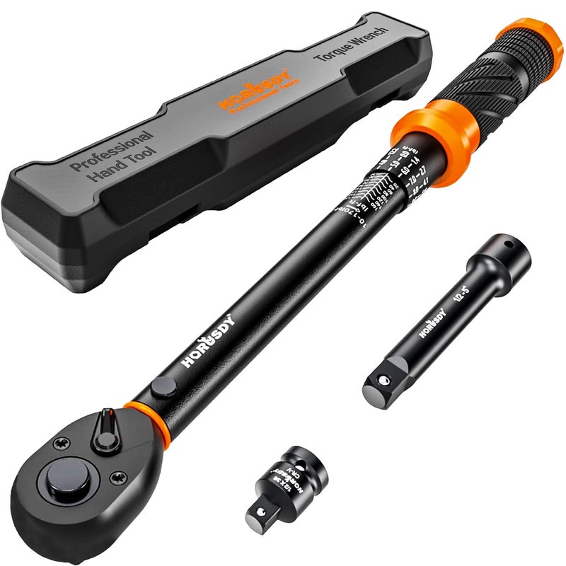 HORUSDY 1/2-Inch Drive Click Torque Wrench Set â€“ 10â€“170 ft-lb / 13.6â€“230.5 Nm, Â±3% Precision, Dual Scale, 72-Tooth Reversible Head with 5" Extension & Adapter for Car, Tire, and Motorcycle Use - Image 1
