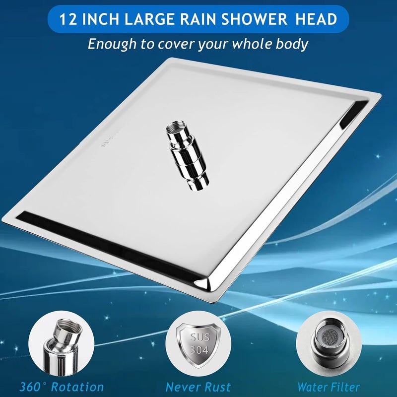 Voolan Rain Shower Head - High Flow Large Rainfall Shower Heads Made of Stainless Steel - Waterfall Bathroom Square Showerhead - Ceiling or Wall Mount (12" Chrome) - Image 2