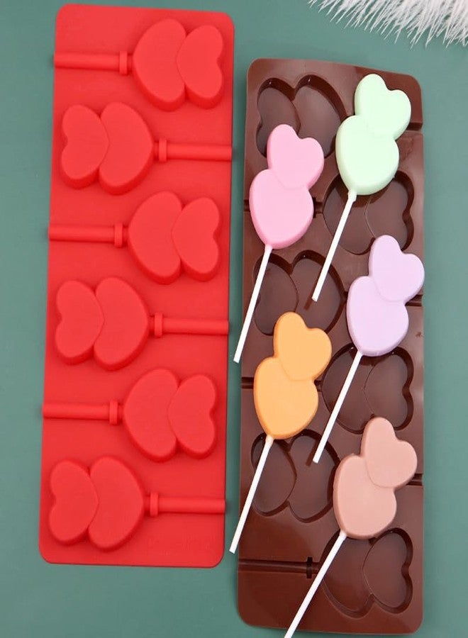 AUOCATTAIL 2 Pcs 6 Holes Heart Lollipop Molds Heart Shaped Chocolate Candy Cake Silicone Mold for Valentine DIY Birthday Party Making Tool - Image 1