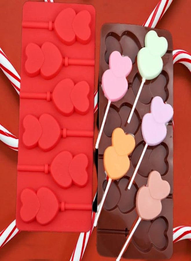 AUOCATTAIL 2 Pcs 6 Holes Heart Lollipop Molds Heart Shaped Chocolate Candy Cake Silicone Mold for Valentine DIY Birthday Party Making Tool - Image 2
