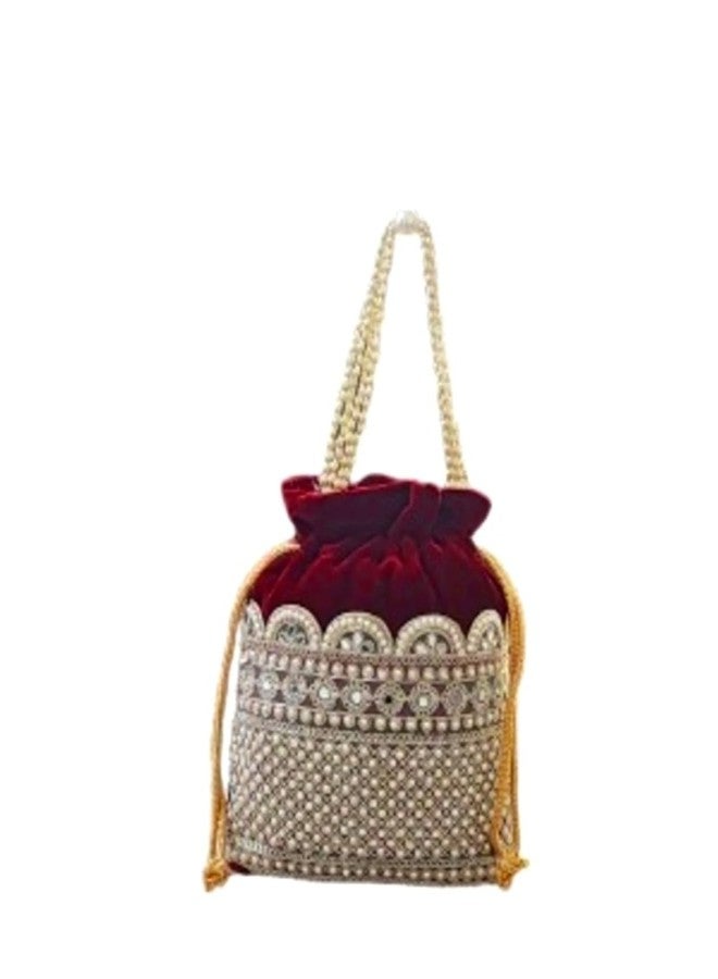 SuneshCreation Ethnic Potli Handbag with Beaded Handle,Floral Embroidery, Traditional Drawstring Purse, Velvet Embelished Wristlet - Image 2