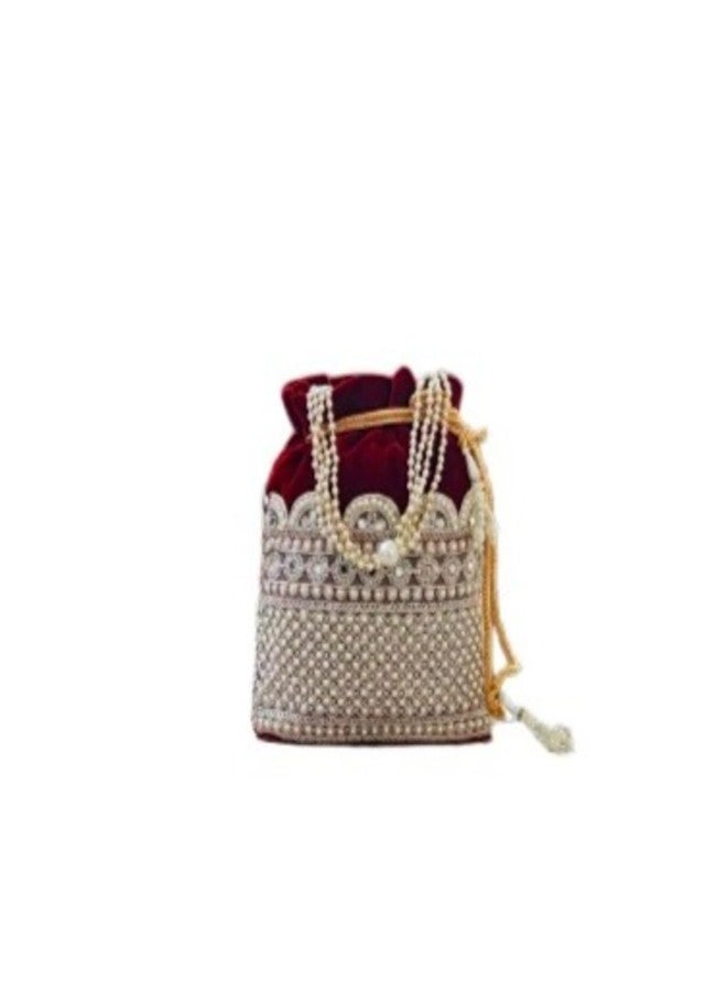 SuneshCreation Ethnic Potli Handbag with Beaded Handle,Floral Embroidery, Traditional Drawstring Purse, Velvet Embelished Wristlet - Image 3