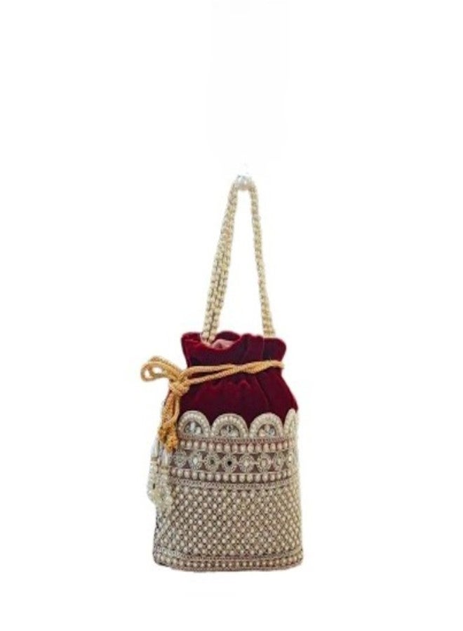 SuneshCreation Ethnic Potli Handbag with Beaded Handle,Floral Embroidery, Traditional Drawstring Purse, Velvet Embelished Wristlet - Image 5