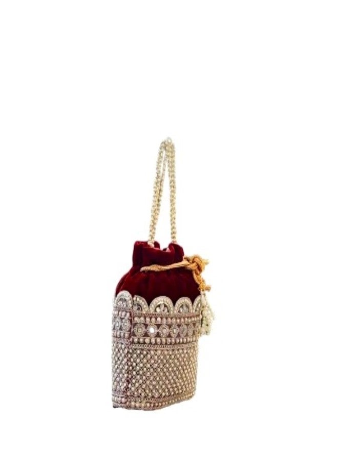 SuneshCreation Ethnic Potli Handbag with Beaded Handle,Floral Embroidery, Traditional Drawstring Purse, Velvet Embelished Wristlet - Image 4
