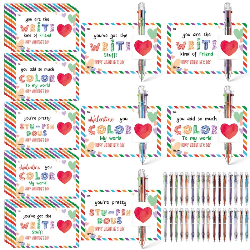 Sabary 32 Set Valentines Day Card and Multicolor Pen Gift Greeting Card and Retractable Multicolored Pen for Kids School Valentine's Day Student Classroom Exchange Gift Party Favor (Clear,6-in-1) - Image 1
