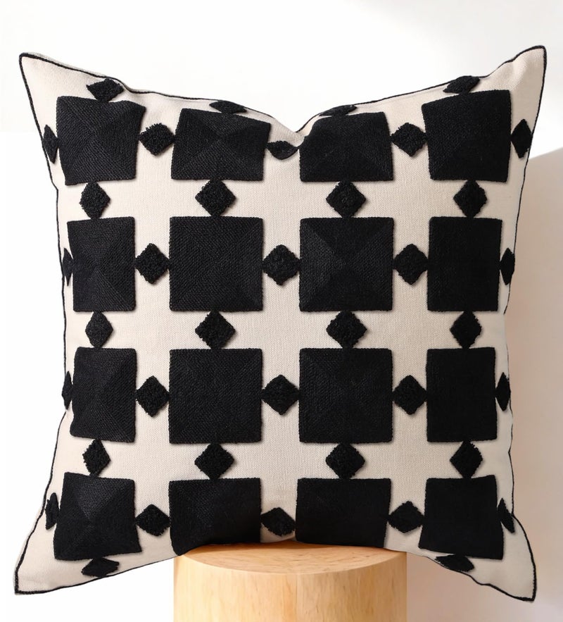 Kokaaee Embroidered Throw Pillow Cover 18x18 Inch - Modern Geometric Decorative Pillow Cover with Zipper for Sofa Couch Living Room Chair Bed Car Aesthetic Design Pillow Case, Black Plaid - Image 1