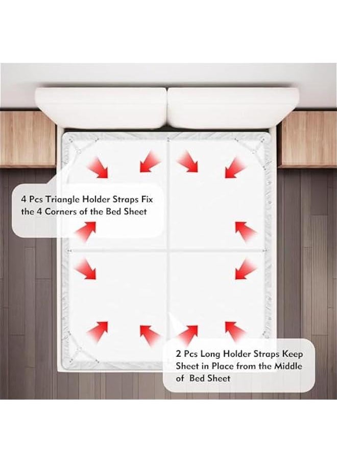 Bed Sheet Holder Straps, 4+2 Pcs Adjustable Mattress Sheet Clips, Bed Sheet Fasteners Elastic Sheet Suspenders to Keep Bed Sheet in Place for Different Beds (White)