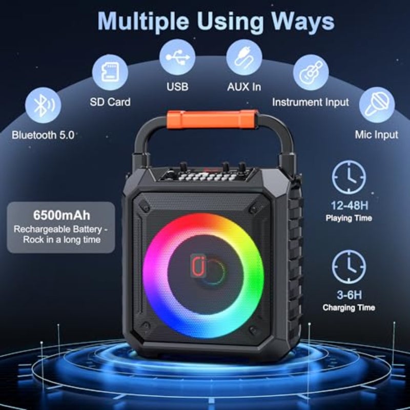 آلة كاريوكي للبالغين مع 2 ميكروفونات لاسلكية، مكبر صوت بلوتوث محمول مع أضواء LED، يدعم USB/بطاقة TF/AUX للحفلات - Image 3