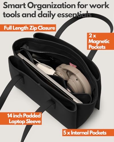 Apryl Work Tote Bags for Women 14 Inch - Work Bag Laptop Bag with Zip Compartments - Large PU Leather Office Purse Computer Briefcase - Black - Image 4