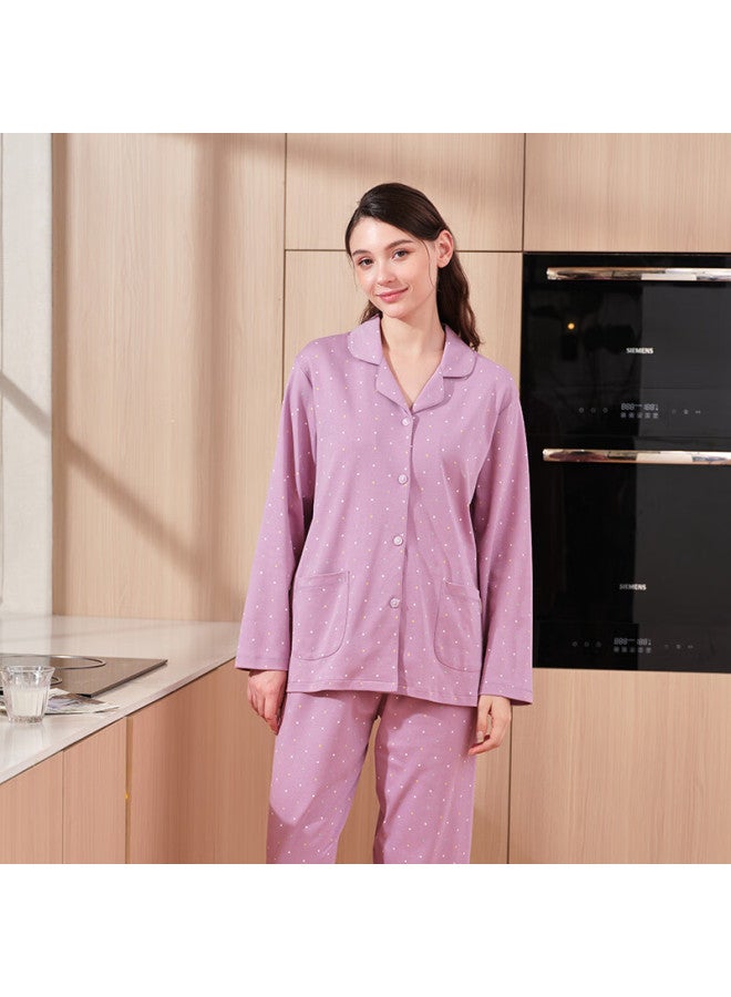 MEIBIAO American Standard Autumn Winter Women's 100% Cotton Long Sleeve Cardigan Pajama Set Loose Fit Homewear Lilac Purple 2XL - Image 1