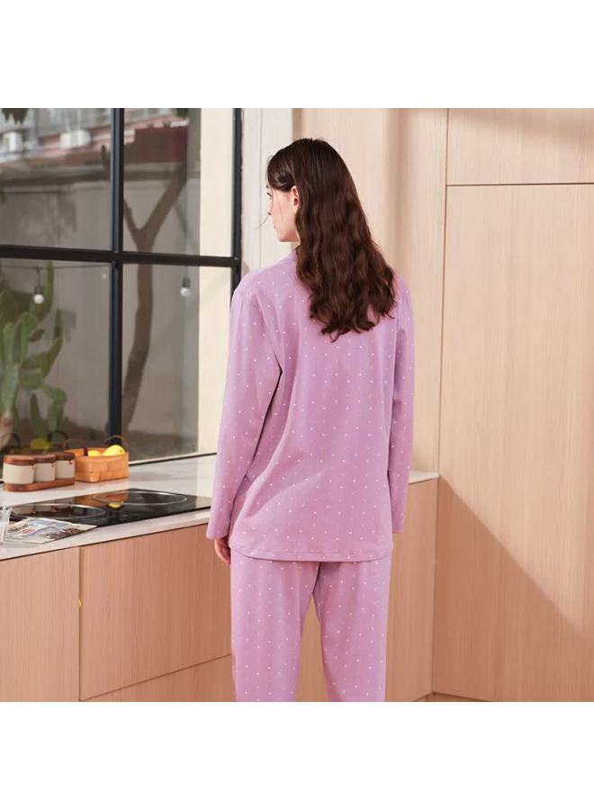 MEIBIAO American Standard Autumn Winter Women's 100% Cotton Long Sleeve Cardigan Pajama Set Loose Fit Homewear Lilac Purple 2XL - Image 4