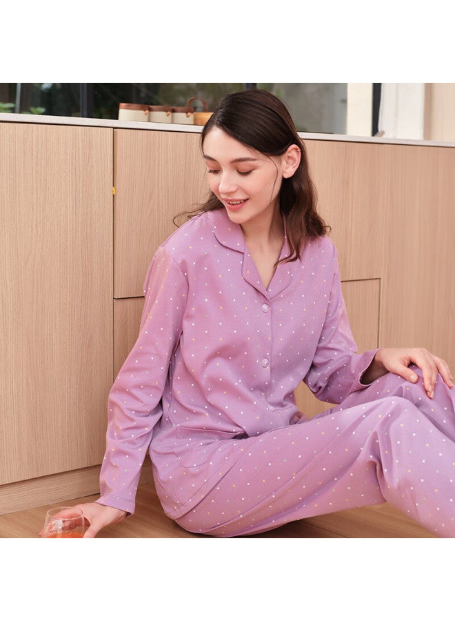 MEIBIAO American Standard Autumn Winter Women's 100% Cotton Long Sleeve Cardigan Pajama Set Loose Fit Homewear Lilac Purple 2XL - Image 2