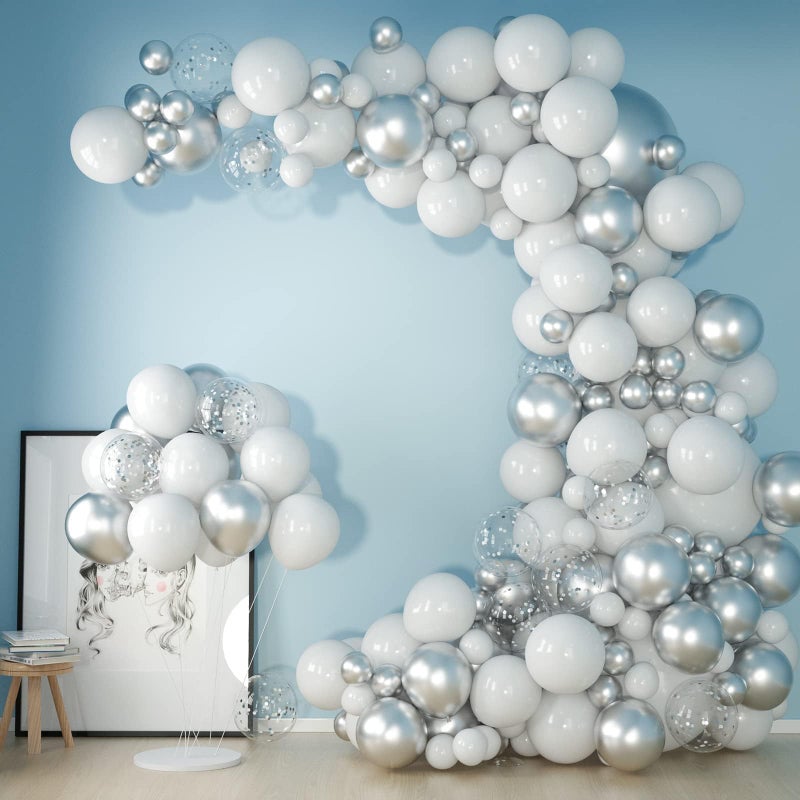 OuMuaMua White and Silver Balloons Garland Arch Kit 510 Inch 12 White Silver Metallic Confetti Latex Balloons Arch Set for Christmas Winter Wonderland Birthday Baby Shower Wedding Party Winter Decor - Image 2