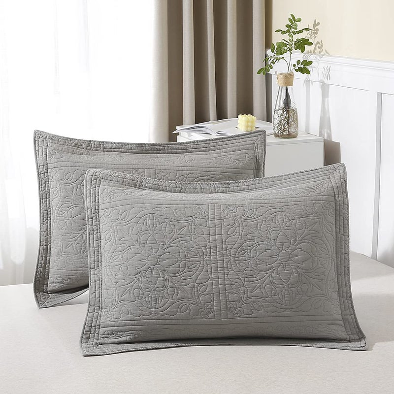WINLIFE WINLIFE 100% Cotton Quilted Pillow Sham Floral Printed Pillow Cover (Grey) 