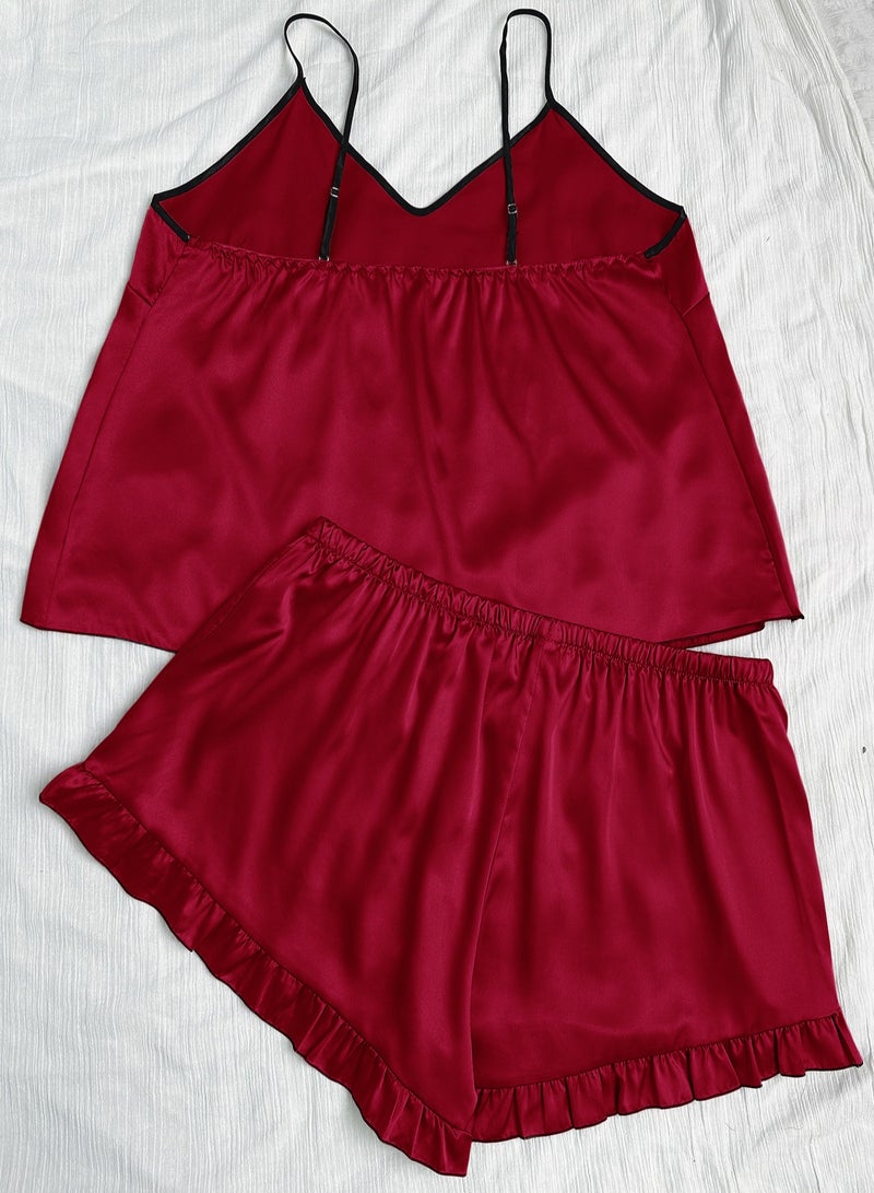 Loquat Women's Imitation Silk 2-Piece Set Nightgown Sleepwear Suspender Top And Shorts Soft Loungewear Pajamas Suit Red  - Image 2