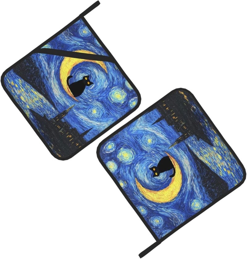 GTEVUTS 2 Pack Starry Night Cats Pot Holders,Heat Resistant Countertop Hot Pads with Hanging Loops,Cute Cats Potholder Set for Kitchen Baking Chef Barbeque,Square,8X8 inch - Image 3