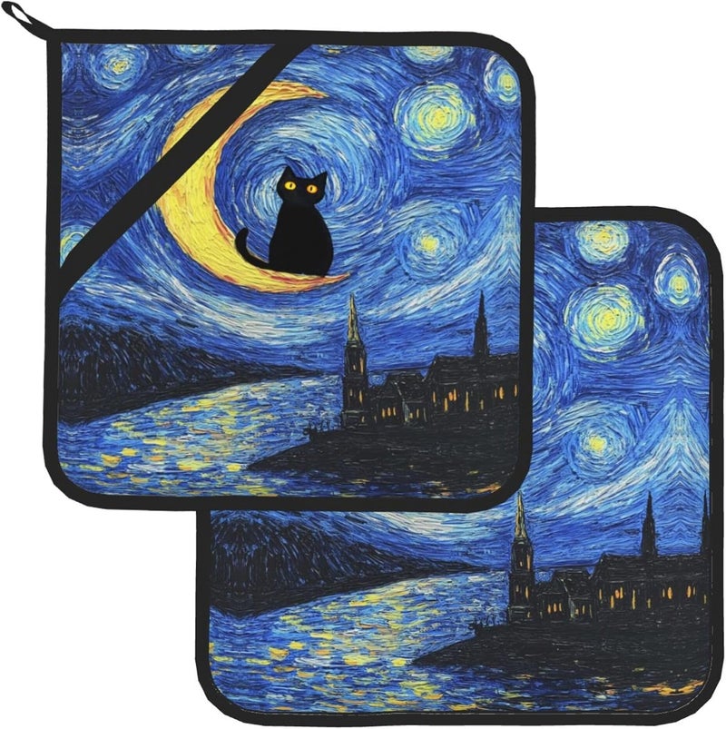 GTEVUTS 2 Pack Starry Night Cats Pot Holders,Heat Resistant Countertop Hot Pads with Hanging Loops,Cute Cats Potholder Set for Kitchen Baking Chef Barbeque,Square,8X8 inch - Image 2
