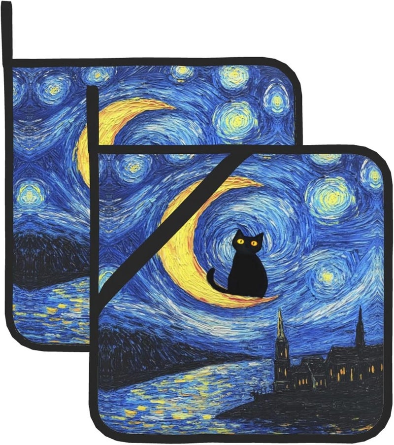 GTEVUTS 2 Pack Starry Night Cats Pot Holders,Heat Resistant Countertop Hot Pads with Hanging Loops,Cute Cats Potholder Set for Kitchen Baking Chef Barbeque,Square,8X8 inch - Image 1
