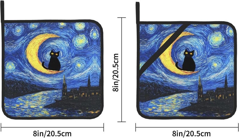 GTEVUTS 2 Pack Starry Night Cats Pot Holders,Heat Resistant Countertop Hot Pads with Hanging Loops,Cute Cats Potholder Set for Kitchen Baking Chef Barbeque,Square,8X8 inch - Image 4