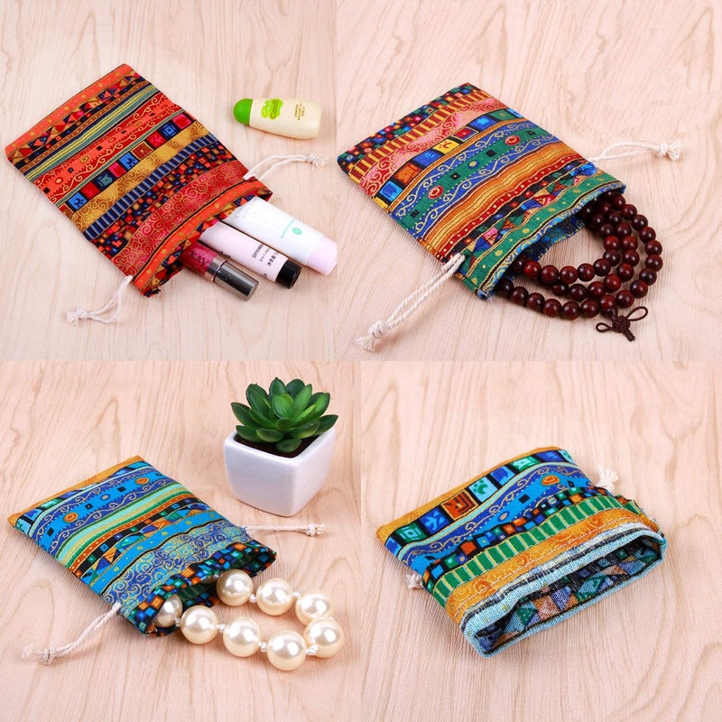 PINOWU Ethnic Style Drawstring Gift Bag 5x7 Cotton Reusable Pouches (12pcs) Jewelry Coin Pouches Biodegradable Eco-Friendly Sachet Bags for Candy Wedding Party Valentine Favors - Image 2