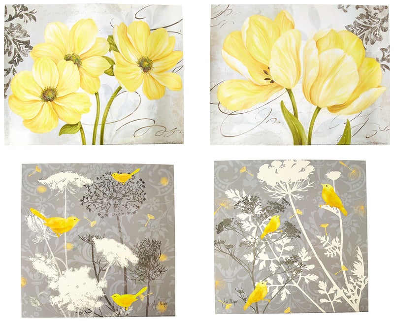 DEFLECTAIR Beautiful Grey  Yellow Poster Set Birds and Flowers Two 12x12in and Two 14x11in Unframed Poster Prints