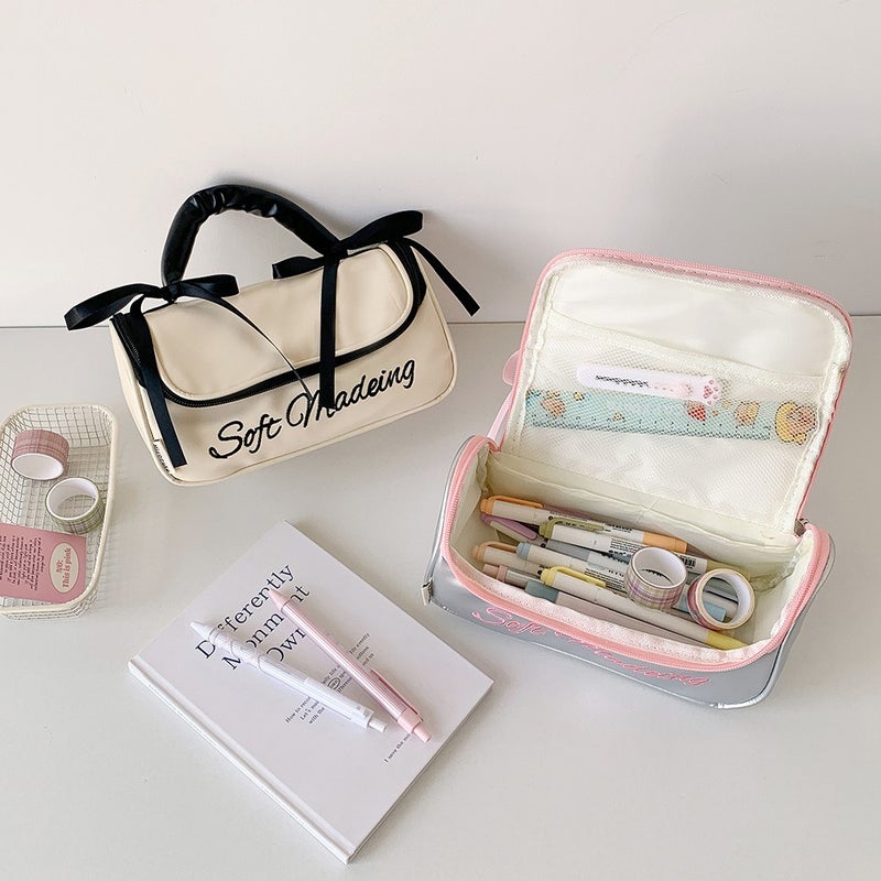 Hisocute Ins Style Large Capacity PU Pencil Case & Travel Toiletry Bag, Multi-Purpose Storage Organizer for Students, High-Capacity Handbag with Handle - Image 4