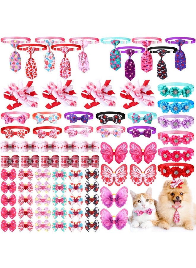 Reginary 70 Pcs Valentine‘s Day Dog Bow Ties Pet Cat Dog Collars Neckties Set Adjustable Puppy Neck Tie Holiday Flower Heart Butterfly Rhinestone Dog Bows Grooming Accessories for Puppy Cat Supplies - Image 1