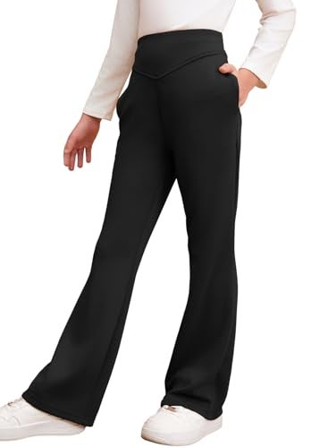 blibean Teen Girls Flare Pants Big Kid Fall Bell Bottom Leggings Solid Casual School Uniform Elastic High Waist Pant Spring Formal Wide Leg Legging with Pockets Size 12-13 Year Old Black - Image 1