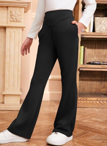 blibean Teen Girls Flare Pants Big Kid Fall Bell Bottom Leggings Solid Casual School Uniform Elastic High Waist Pant Spring Formal Wide Leg Legging with Pockets Size 12-13 Year Old Black - Image 2