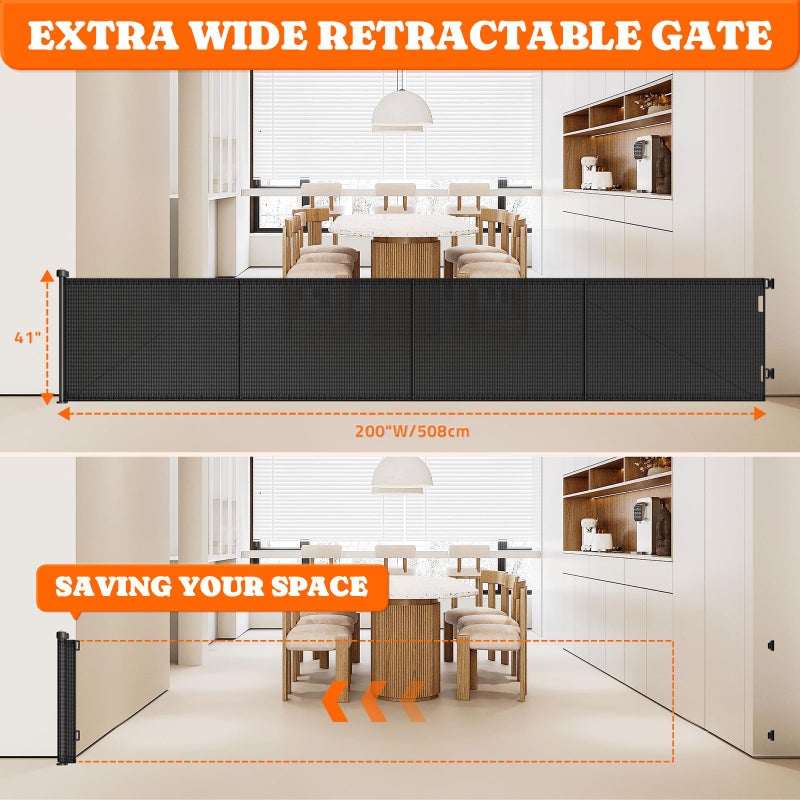 Pawtners Retractable Baby Gates Extra Wide, 41" Tall Extends up to 200" Wide, Dog Gate Indoor for Stairs, Pet Gate with Support Rods for Doorways Hallways Garage Indoor & Outdoor-Black - Image 4
