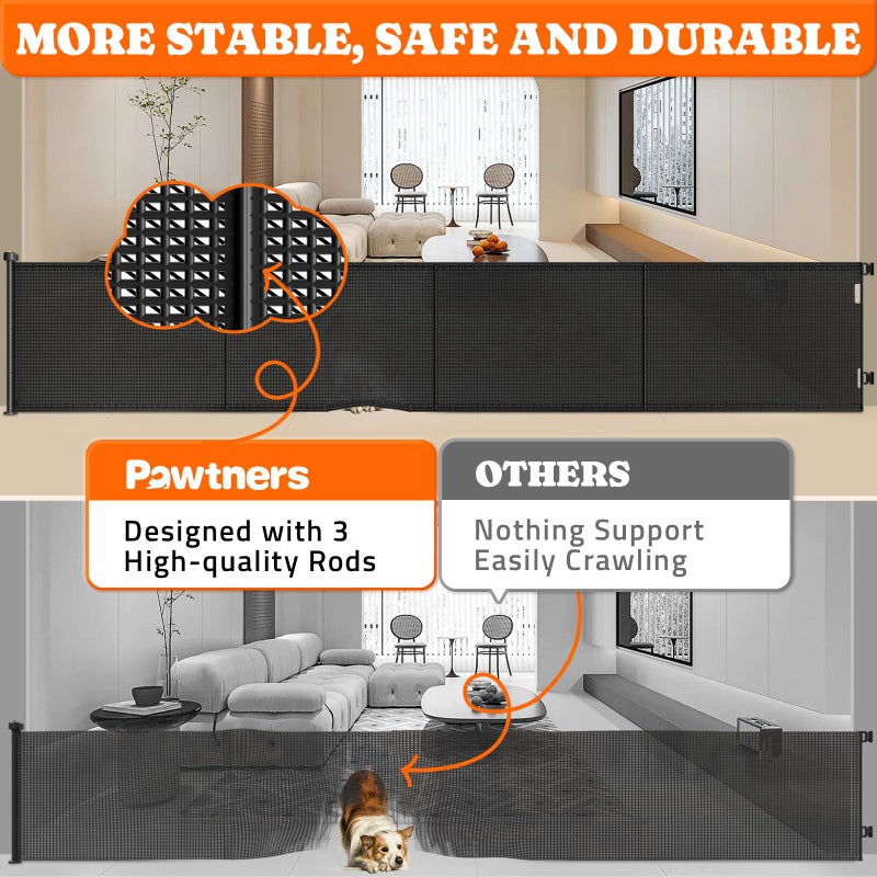 Pawtners Retractable Baby Gates Extra Wide, 41" Tall Extends up to 200" Wide, Dog Gate Indoor for Stairs, Pet Gate with Support Rods for Doorways Hallways Garage Indoor & Outdoor-Black - Image 3