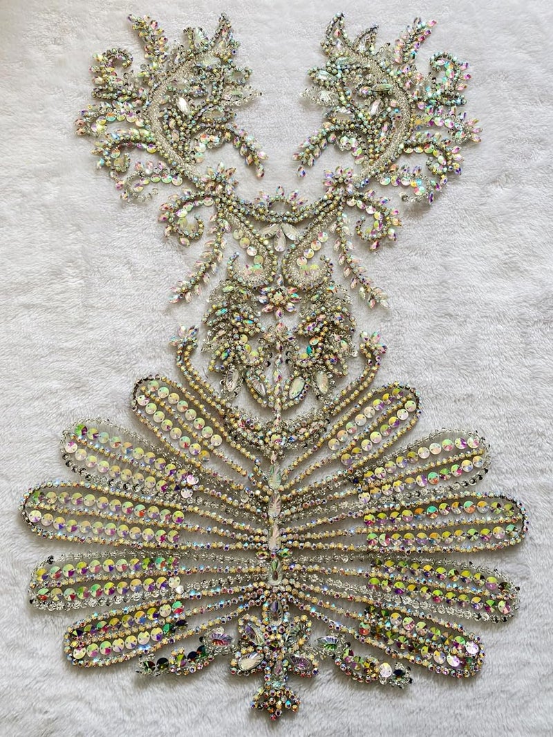 MOPISVN Pure Handmade Beads Rhinestones lace Applique Bodice Patches Trimming sew on Sequins Stones Beads Shining Heavy Decoration for Wedding Dress DIY Accessories 14.5X24.8inches (Clear AB) - Image 3