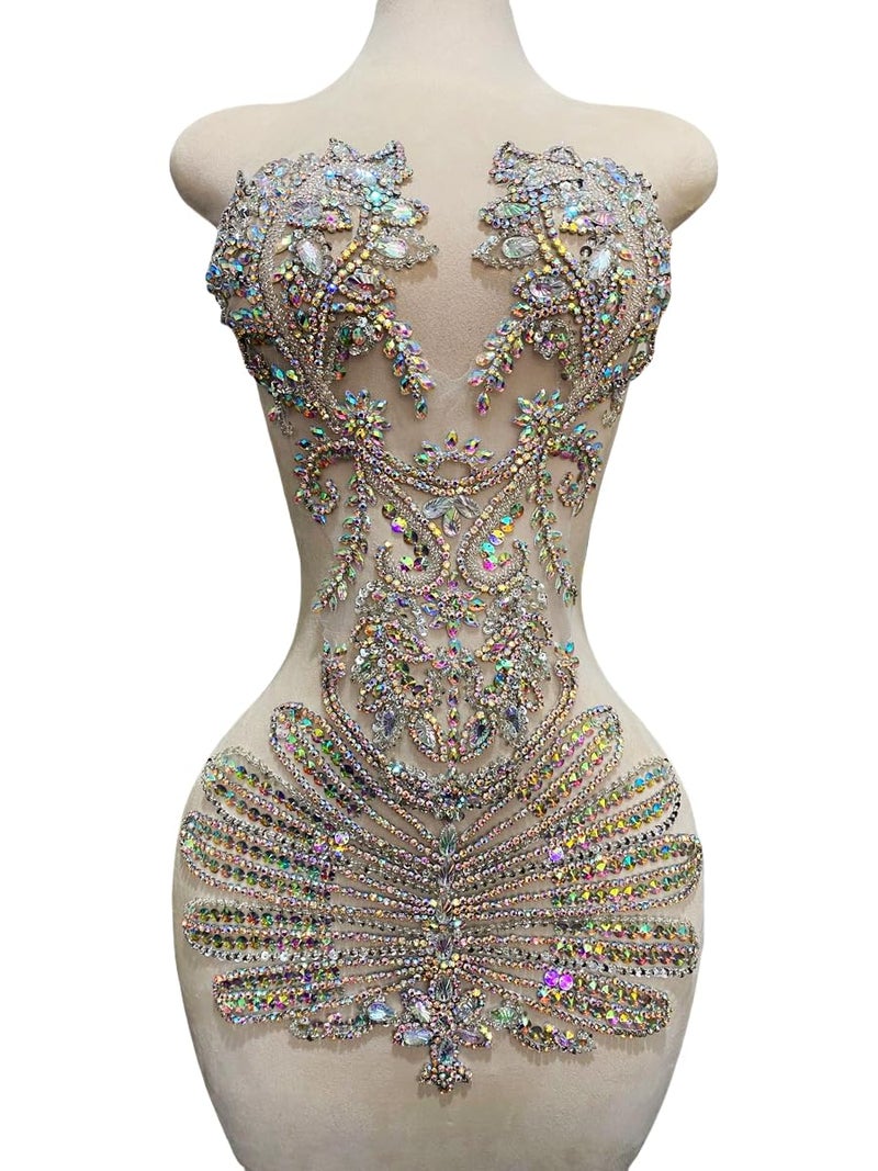 MOPISVN Pure Handmade Beads Rhinestones lace Applique Bodice Patches Trimming sew on Sequins Stones Beads Shining Heavy Decoration for Wedding Dress DIY Accessories 14.5X24.8inches (Clear AB) - Image 5