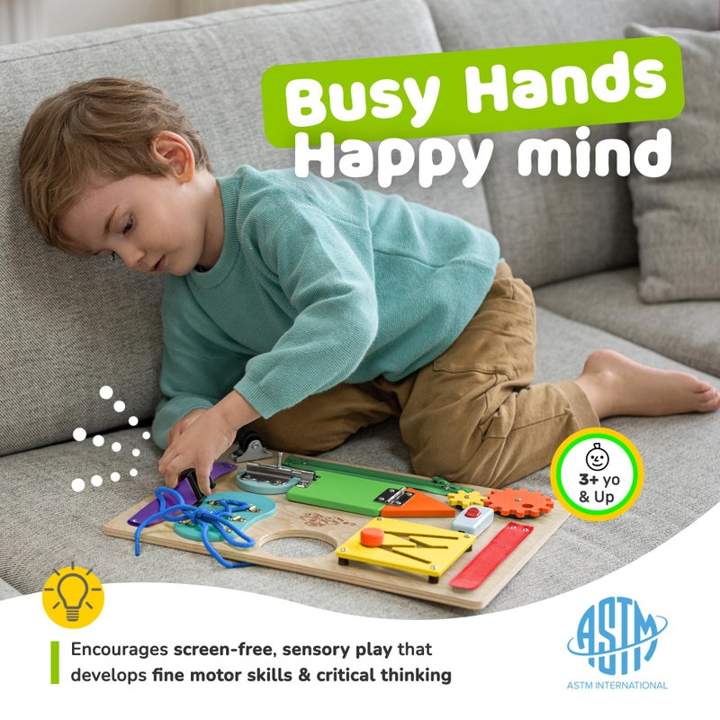 deMoca Montessori Busy Board for Toddlers, Wooden Sensory Toddler Busy Board with 10 Preschool Learning Activities for Fine Motor Skills, Activity Kids Travel Toy for Boys & Girls, Packaging May Vary - Image 2