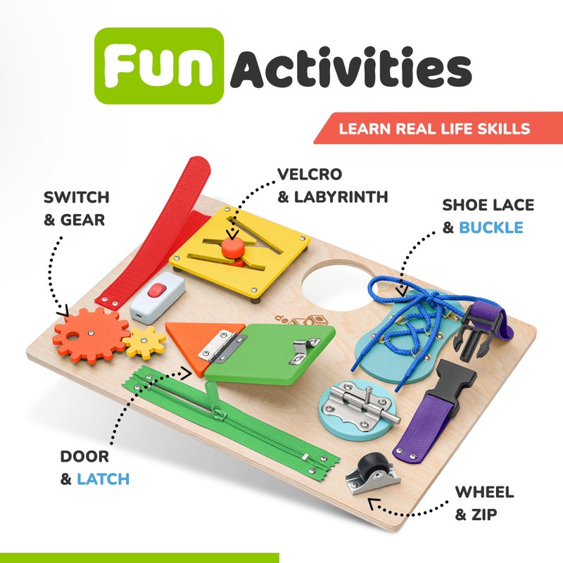 deMoca Montessori Busy Board for Toddlers, Wooden Sensory Toddler Busy Board with 10 Preschool Learning Activities for Fine Motor Skills, Activity Kids Travel Toy for Boys & Girls, Packaging May Vary - Image 3