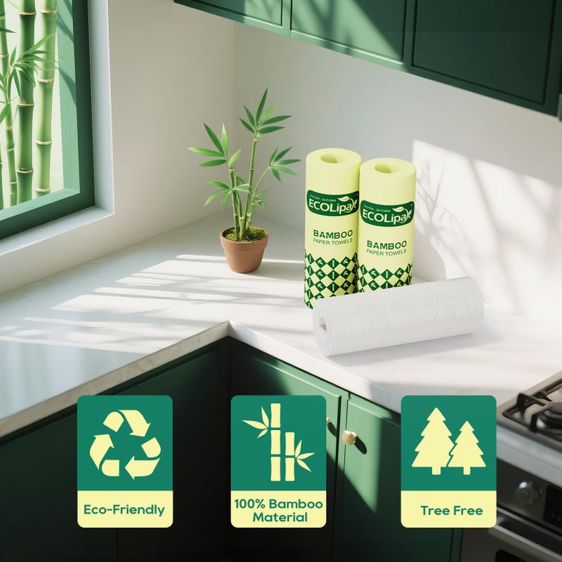 ECOlipak Bamboo Paper Towels - 8 Rolls, 2 Ply 120 Sheets- Plastic Free, Tree Free, Compostable, Disposable Kitchen Paper Towels, Soft and Absorbent, PFAS Free, White - Image 2