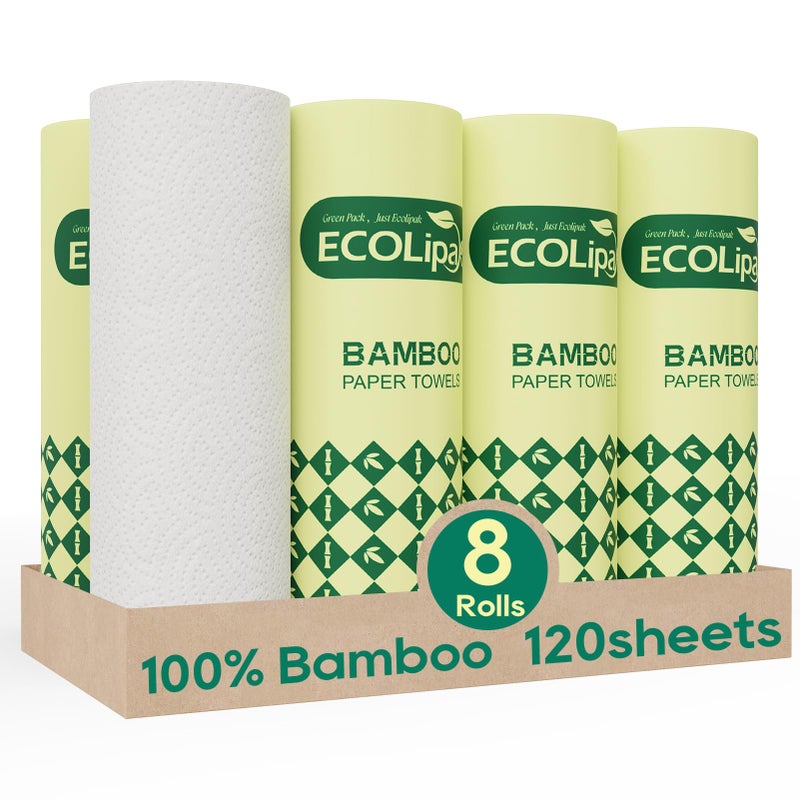 ECOlipak Bamboo Paper Towels - 8 Rolls, 2 Ply 120 Sheets- Plastic Free, Tree Free, Compostable, Disposable Kitchen Paper Towels, Soft and Absorbent, PFAS Free, White - Image 1