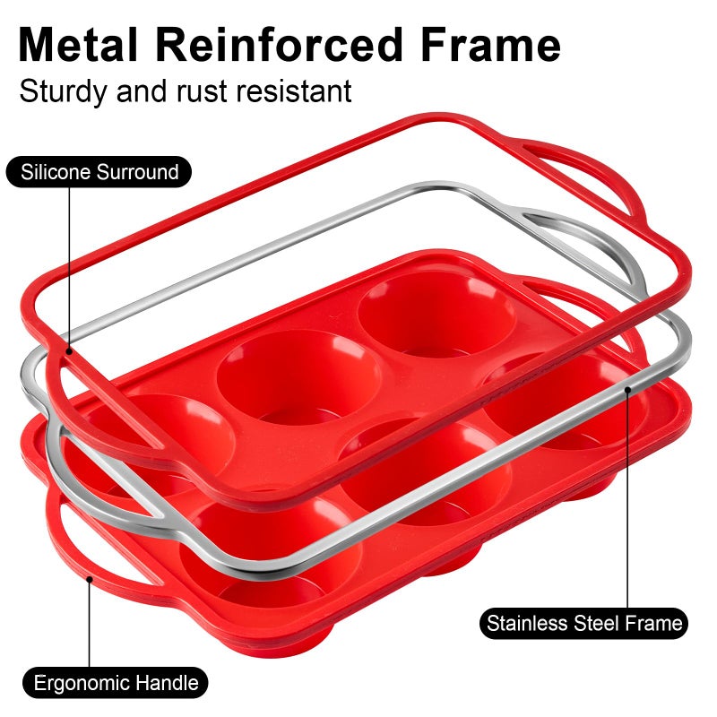 Puyeipt Jumbo Muffin Pan with Metal Frame, 6 Cup Large Cupcake Mold with Handles, Silicone Egg Bite Baking Tray, BPA Free & Non-Stick - Image 3